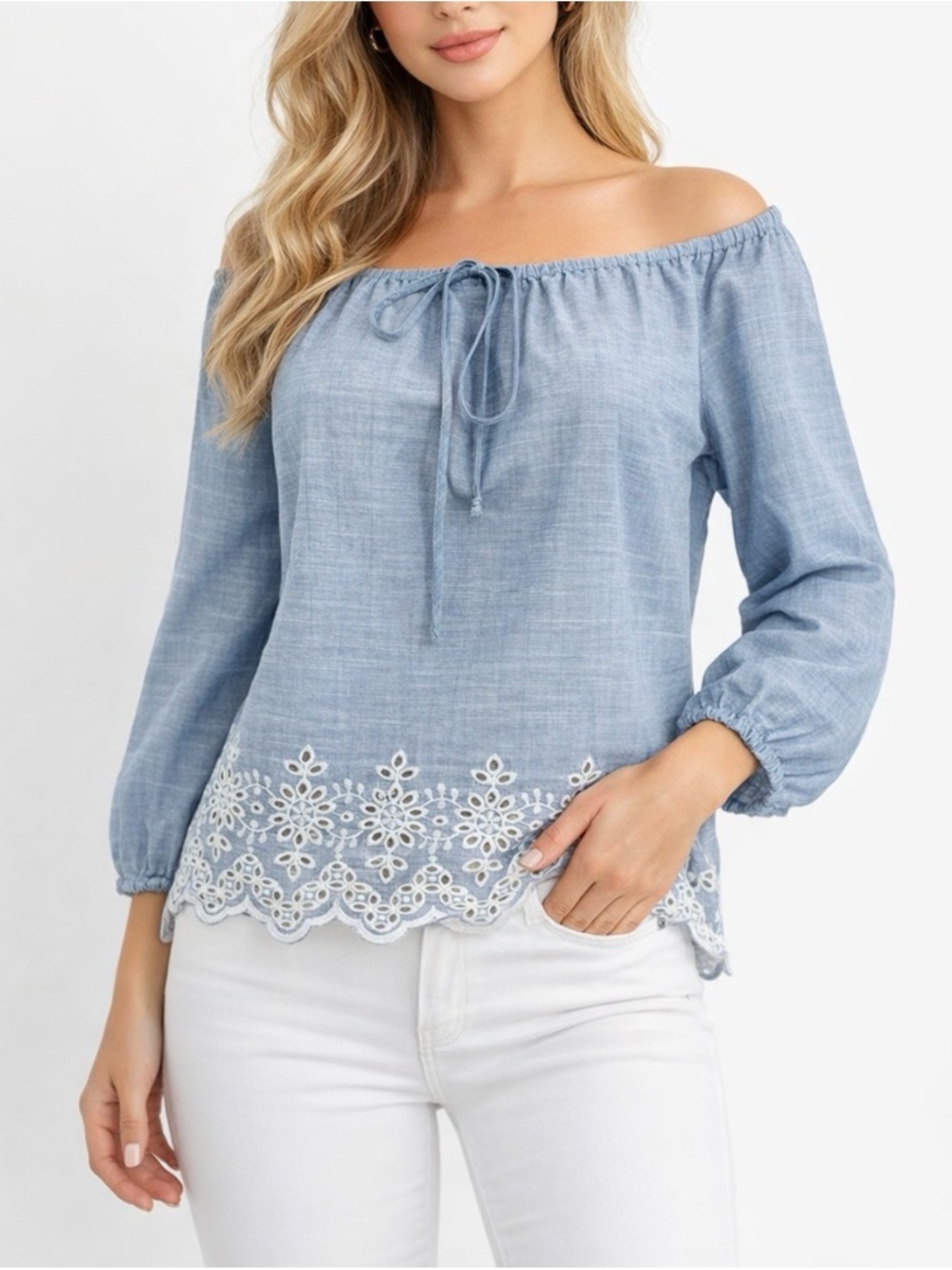 NWT NYDJ Cotton Eyelet Embroidered Off-Shoulder Light Blue Chambray Tunic Top XS